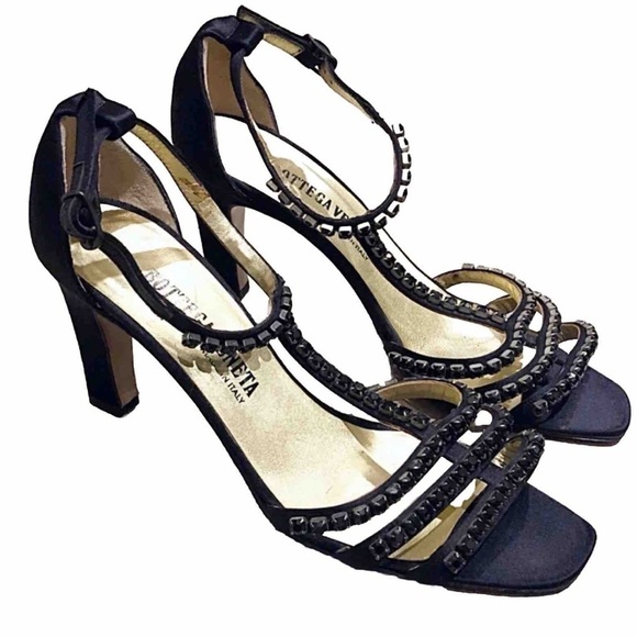 Bottega Veneta rhinestone satin ankle t strap black strappy vintage heels… - Picture 1 of 17